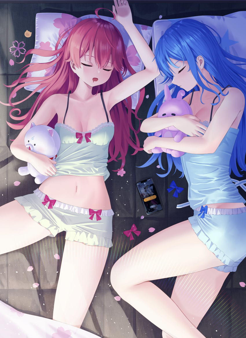 2girls 35p_(sakura_miko) absurdres ahoge alternate_costume arm_up armpit_crease armpits asakura_(asa_t77) blue_bow blue_hair blue_shirt blue_shorts bow breasts cellphone closed_eyes closed_mouth feet_out_of_frame frilled_shorts frills from_above green_shirt green_shorts highres hololive hoshimachi_suisei hugging_object lace_trim legs long_hair lying medium_breasts micomet_(hololive) midriff multiple_girls navel on_back on_side phone pillow pink_bow pink_hair sakura_miko shadow shirt short_shorts shorts sleeping sleepwear small_breasts smartphone spaghetti_strap stuffed_toy thighs virtual_youtuber