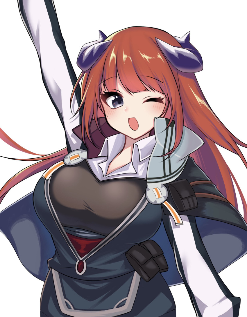 ;d arknights arm_up bagpipe_(arknights) black_capelet black_jacket black_shirt blush breasts capelet dragon_horns female highres horns jacket kusonemita large_breasts long_hair long_sleeves looking_at_viewer one_eye_closed open_clothes open_jacket open_mouth purple_eyes red_hair shirt simple_background smile solo upper_body very_long_hair white_background