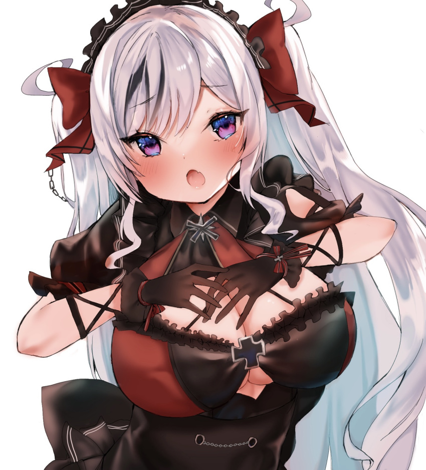 azur_lane black_dress black_gloves breasts cleavage clothing_cutout dress elbe_(azur_lane) elbe_(time_to_show_off?)_(azur_lane) female frilled_dress frills gloves highres ichigo_moka large_breasts long_hair looking_at_viewer oerba_yun_fang official_alternate_costume puffy_short_sleeves puffy_sleeves purple_eyes short_sleeves simple_background skin_fang solo underboob_cutout very_long_hair white_background white_hair