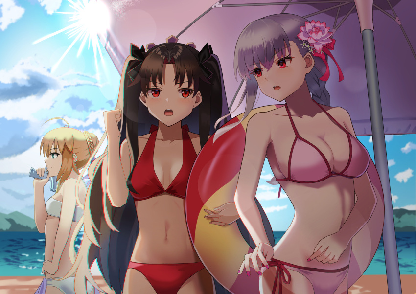 3girls absurdres ahoge alternate_costume artoria_pendragon_(fate) artoria_pendragon_(swimsuit_archer)_(fate) beach bikini black_hair black_ribbon blonde_hair blue_sky braid braided_ponytail breasts cleavage cloud commentary_request day fate/grand_order fate_(series) flower french_braid hair_flower hair_ornament hand_on_own_hip highres holding holding_weapon ishtar_(fate) kama_(fate) large_breasts long_hair looking_at_another lotus medium_breasts motukan multiple_girls navel official_alternate_costume outdoors parasol pink_bikini pink_flower pink_nails red_bikini ribbon sand short_hair sky small_breasts stomach sunlight swimsuit two_side_up umbrella very_long_hair water water_gun weapon white_bikini white_hair