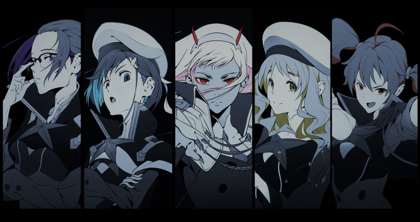 5girls absurdres adjusting_eyewear ahoge beret blonde_hair blue_eyes blue_hair breasts brown_eyes brown_hair buttons closed_mouth collar commentary crossed_arms darling_in_the_franxx double-breasted eyebrows_hidden_by_hair eyeliner fingernails forehead glasses green_eyes hair_between_eyes hair_ornament hair_pulled_back hairband hat highres horns ichigo_(darling_in_the_franxx) ikuno_(darling_in_the_franxx) jacket jacket_on_shoulders kokoro_(darling_in_the_franxx) long_fingernails long_hair long_sleeves looking_at_viewer looking_to_the_side makeup miku_(darling_in_the_franxx) monochrome multiple_girls necktie open_mouth over-rim_eyewear parted_hair photoshop_(medium) pink_hair purple_eyes purple_hair red_eyes semi-rimless_eyewear sharp_fingernails short_hair sideways_glance smile split_mouth twintails uniform upper_body zero_two_(darling_in_the_franxx) zorome_(darling_in_the_franxx) zzl