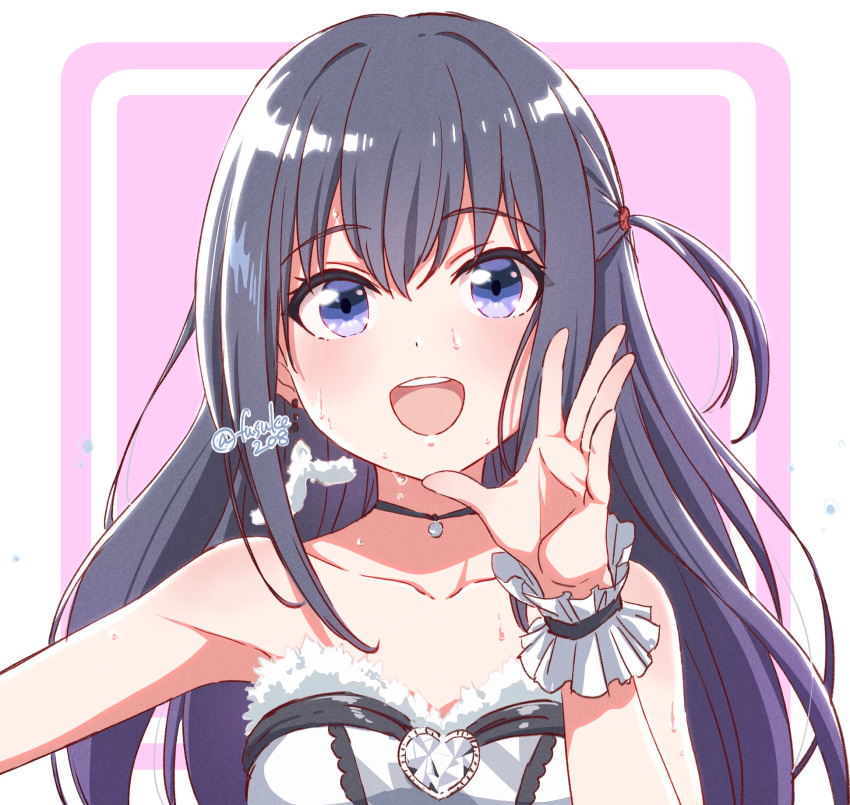 :d black_hair blue_eyes blush dress female fuusuke_(fusuke208) gem highres idol idoly_pride long_hair looking_at_viewer nagase_mana open_mouth smile solo twitter_username upper_body