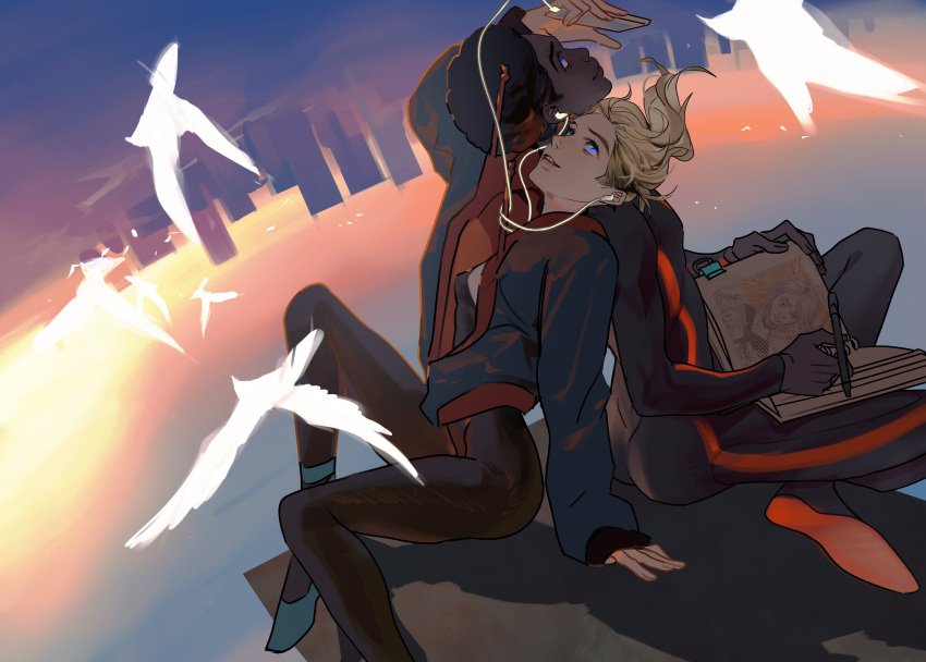 1boy absurdres back-to-back bird blonde_hair blue_eyes bodysuit borrowed_clothes dark-skinned_male dark_skin earphones female gwen_stacy head_back highres marvel miles_morales realsilentsheep shared_earphones sitting smile spider-gwen spider-man:_across_the_spider-verse spider-man_(miles_morales) spider-man_(series) spider-verse upside-down very_dark_skin