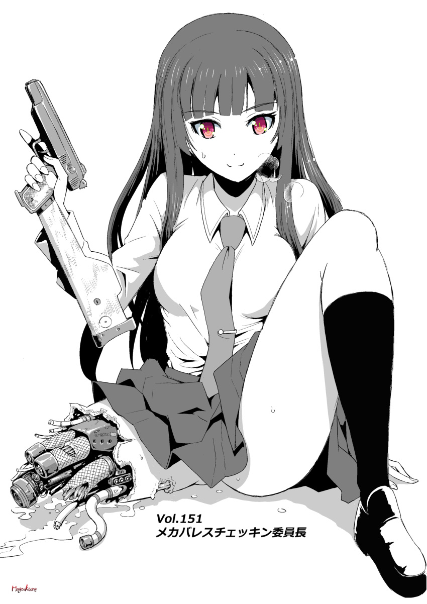 amputee android arm_support ass_visible_through_thighs blunt_bangs breasts breath broken collared_shirt female fingernails full_body greyscale gun handgun highres holding holding_gun holding_weapon injury knee_up kneehighs loafers long_hair looking_at_viewer mechanical_parts medium_breasts miniskirt missing_limb monochrome necktie number10_(hagakure) original red_eyes school_uniform shirt shoes signature simple_background sitting skirt smile socks solo spot_color stechkin_aps sweat tie_clip trigger_discipline weapon white_background