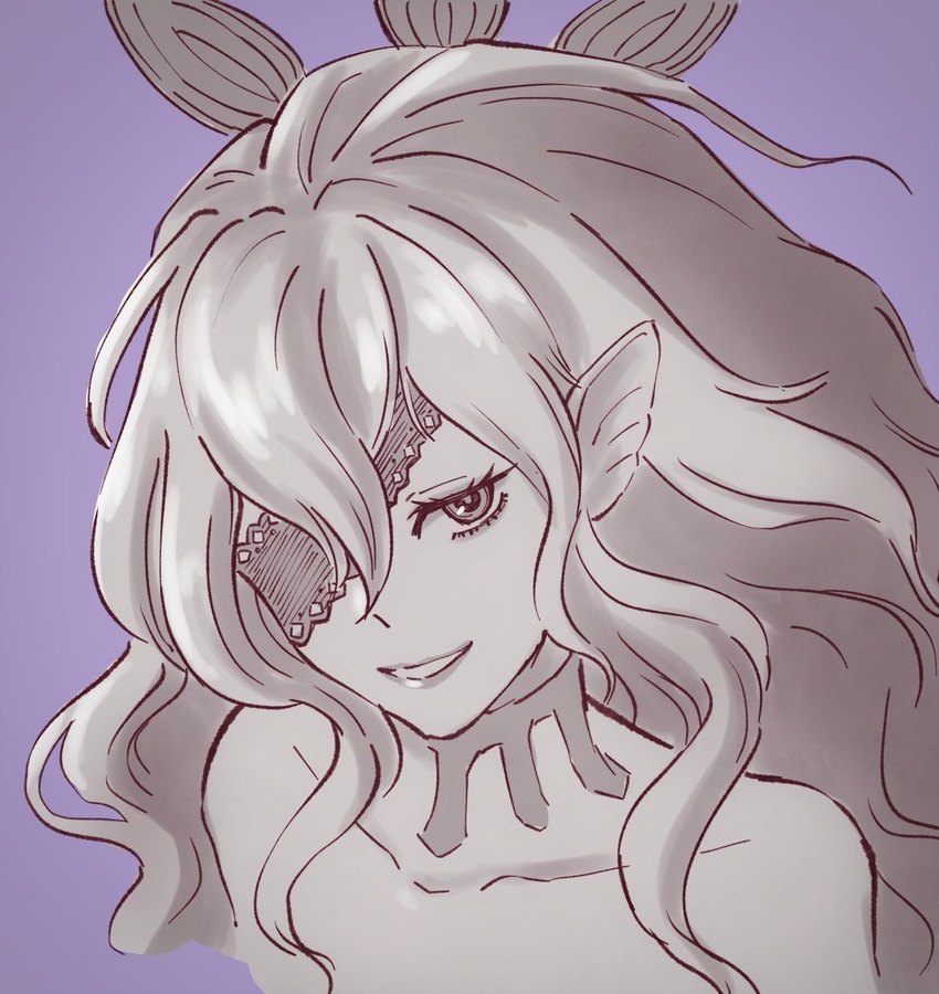 animal_ears bare_shoulders bat_ears collarbone embla_(fire_emblem) eyelashes eyepatch female fire_emblem fire_emblem_heroes hair_between_eyes highres lace-trimmed_eyepatch long_hair looking_at_viewer monochrome one_eye_covered purple_background smile solo tea6043 upper_body