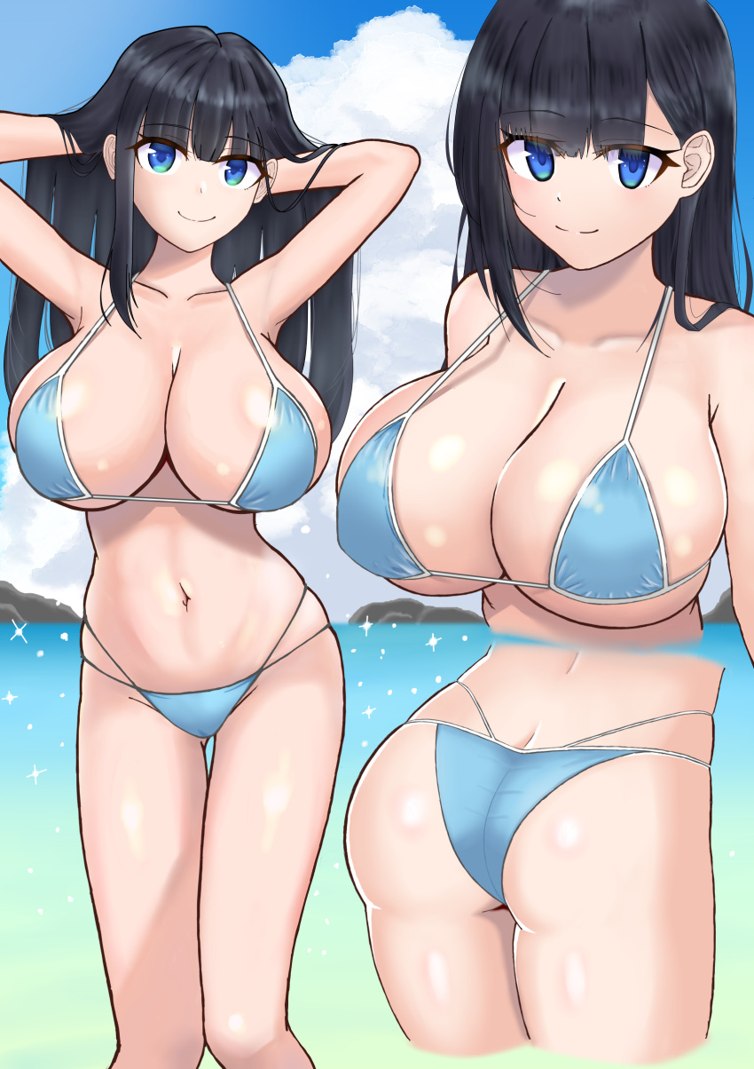 absurdres adjusting_hair ass bad_multiple_views beach bikini black_hair blue_eyes breasts close-up cloud commentary_request day female highres large_breasts long_hair looking_at_viewer original outdoors sky smile sparkle standing swimsuit t_eq_uil_a