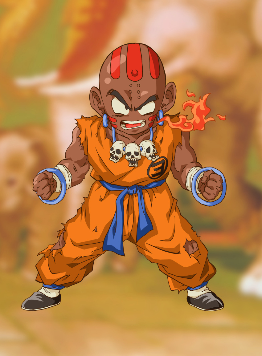 1boy absurdres commentary_request crossover dark-skinned_male dark_skin deka_master dhalsim dragon_ball fire fusion highres jewelry kuririn male_focus necklace no_nose partial_commentary photoshop_(medium) skull skull_necklace solo street_fighter torn_clothes