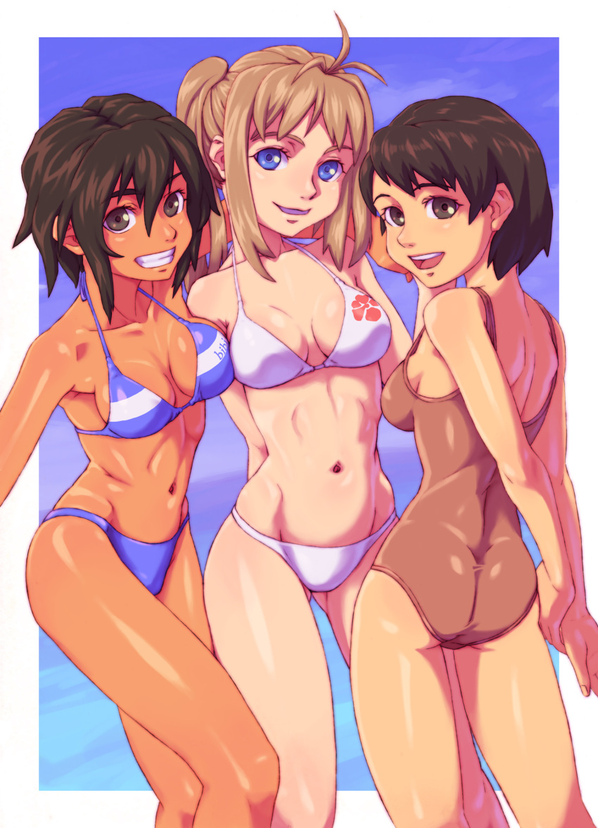 3girls ass bikini black_eyes black_hair blonde_hair blue_eyes brown_eyes brown_hair chiaki_(tom910) commentary_request copyright_request dark-skinned_female dark_skin highres long_hair looking_at_viewer looking_back multiple_girls navel one-piece_swimsuit photoshop_(medium) short_hair swimsuit twintails