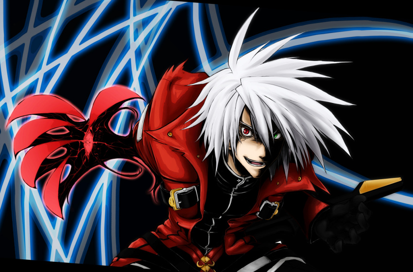 1boy black_hakama blazblue commentary_request devoured_by_darkness gloves hakama hakama_skirt heterochromia japanese_clothes male_focus photoshop_(medium) ragna_the_bloodedge skirt smile solo tansan_otoko white_hair