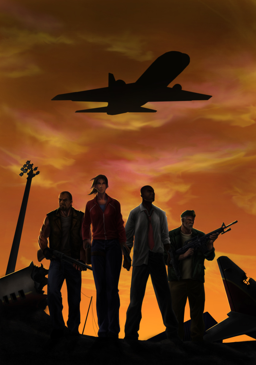 3boys aircraft airplane bald beard beret bill_(left_4_dead) brown_hair cloud denim dress_shirt dusk facial_hair female francis_(left_4_dead) gloves grey_hair gun hat highres holster jacket jeans karuma9 left_4_dead long_hair louis_(left_4_dead) multiple_boys necktie pants photoshop_(medium) ponytail realistic ruins shirt short_hair silhouette sky vest weapon zoey_(left_4_dead)