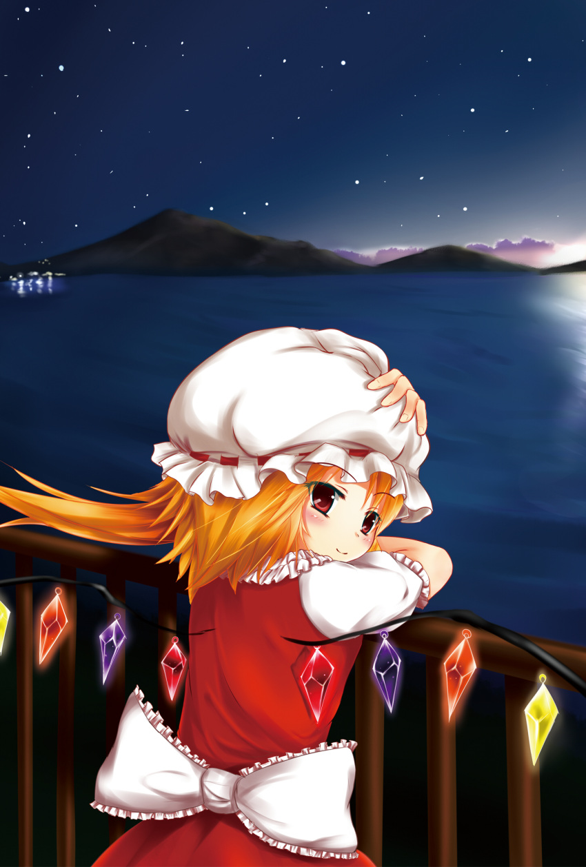 against_railing back_bow blonde_hair bow closed_mouth commentary_request female flandre_scarlet frilled_bow frilled_sleeves frills hand_on_headwear hat hat_ribbon highres hiiragi_mitsuna mob_cap one_side_up outdoors ponytail railing red_eyes red_ribbon ribbon ribbon-trimmed_headwear ribbon_trim short_hair short_sleeves sky smile solo star_(sky) starry_sky touhou white_bow white_hat wings