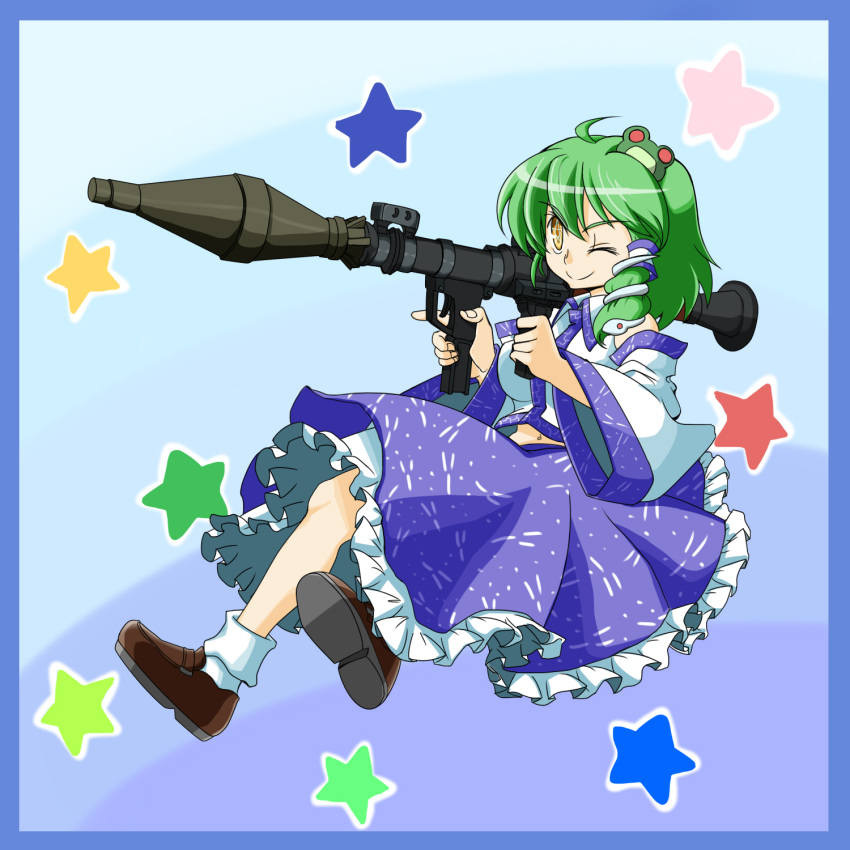 commentary_request detached_sleeves female frog green_hair hair_ornament highres kochiya_sanae rocket_launcher rpg-7 rpg_(weapon) short_hair snake solo touhou wabi_(wbsk) weapon yellow_eyes