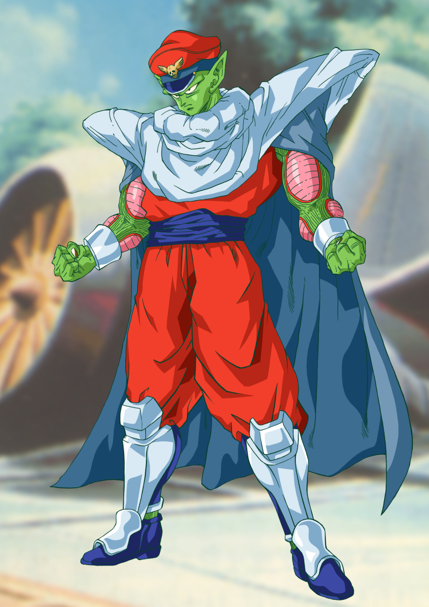 1boy absurdres armband boots cape colored_skin commentary_request cosplay crossover deka_master dragon_ball dragon_ball_z fusion green_skin hat highres m._bison m._bison_(cosplay) male_focus partial_commentary peaked_cap photoshop_(medium) piccolo pointy_ears skull solo street_fighter