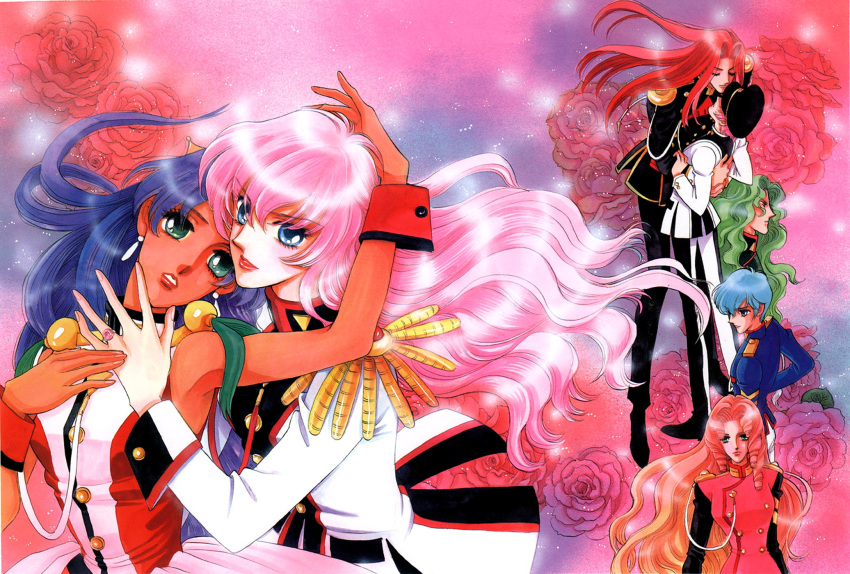 1990s_(style) 3boys 3girls aiguillette arisugawa_juri bishounen epaulettes flower highres himemiya_anthy jewelry kaoru_miki kiryuu_touga long_hair multiple_boys multiple_girls official_art pink_hair purple_hair retro_artstyle ring rose saionji_kyouichi saitou_chiho scan shoujo_kakumei_utena shoujo_kakumei_utena_adolescence_mokushiroku tenjou_utena