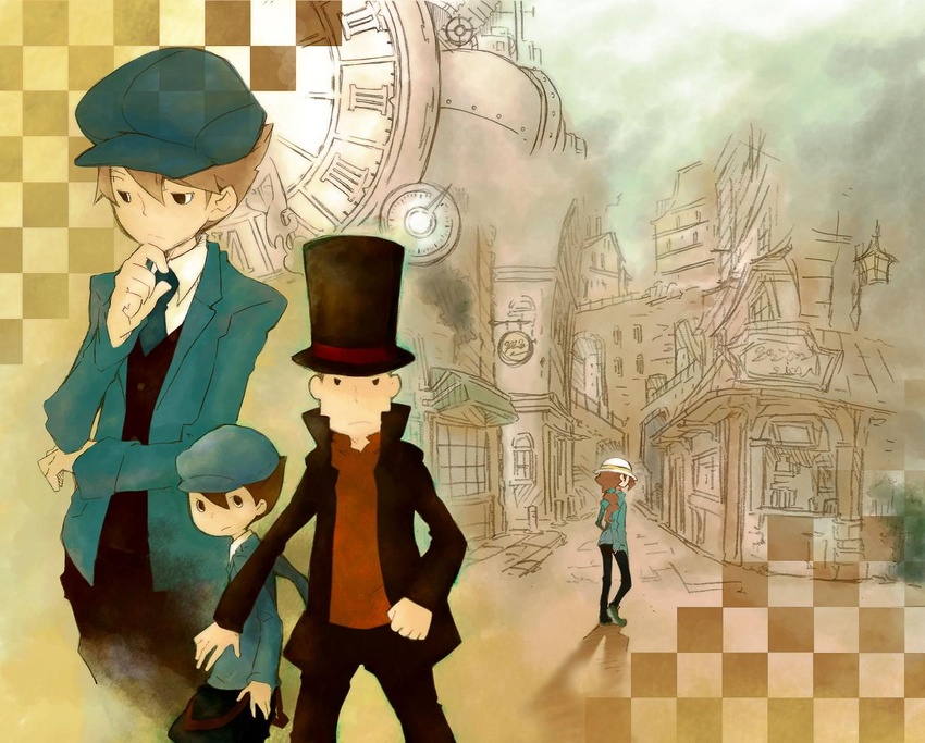 3boys aged_up bad_id bad_pixiv_id female future_luke hat hershel_layton kuusou_ryodan luke_triton multiple_boys photoshop_(medium) professor_layton professor_layton_and_the_unwound_future time_paradox top_hat