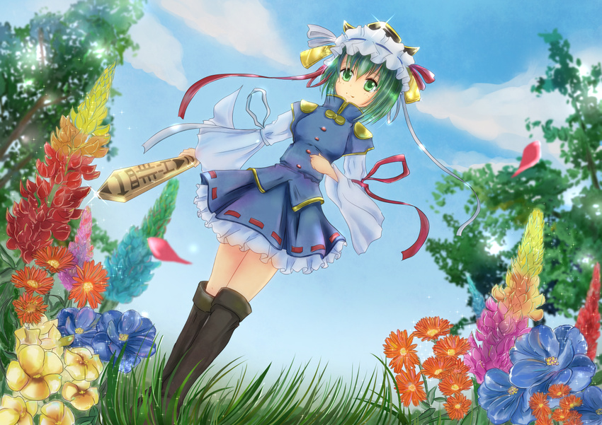 boots cloud commentary_request day dress_shirt female flower grass green_eyes green_hair hair_bobbles hair_ornament hat outdoors ribbon rikkunia rod_of_remorse shiki_eiki shirt short_hair skirt sky solo touhou tree wide_sleeves