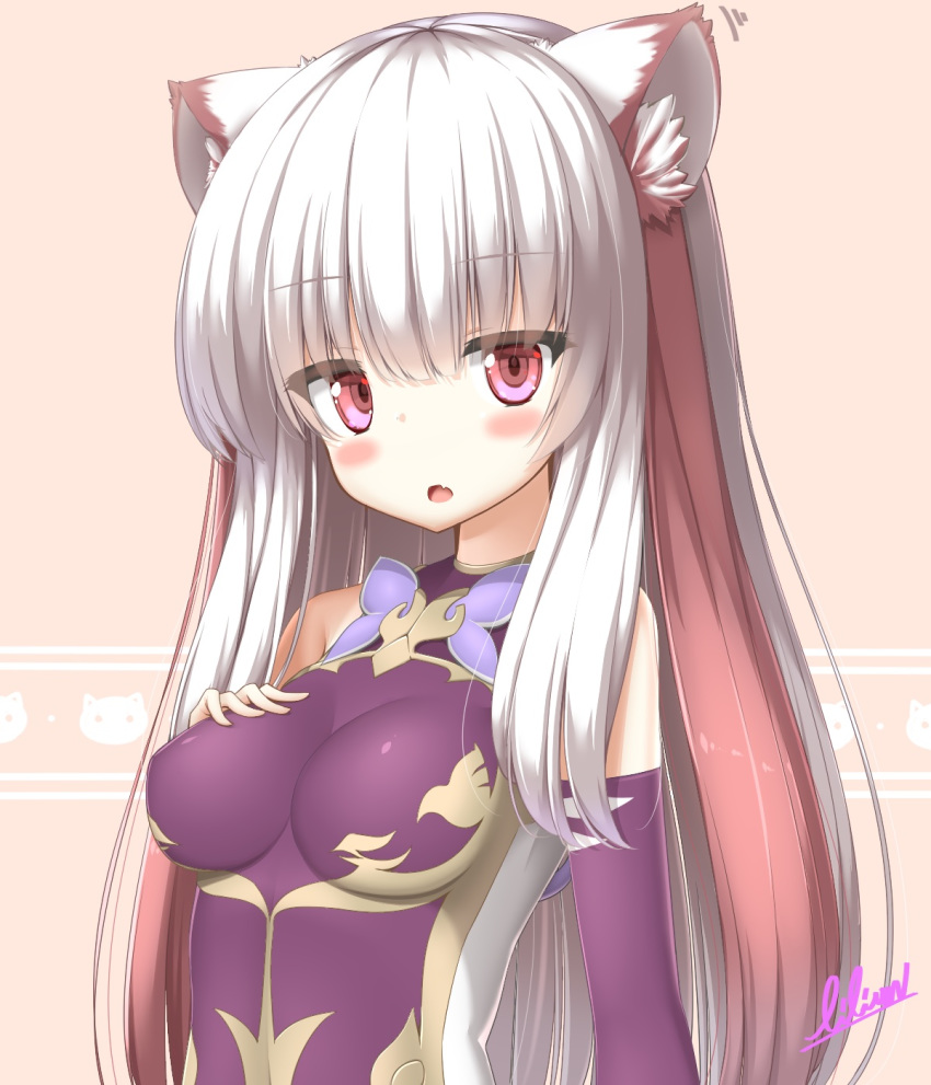 alternate_hairstyle animal_ears artist_name bare_shoulders blush breasts commentary_request eyes_visible_through_hair female hair_down haku_(p&d) highres impossible_clothes lilium0235 long_hair looking_at_viewer medium_breasts multicolored_hair oerba_yun_fang open_mouth puzzle_&_dragons red_eyes red_hair signature simple_background solo tiger_ears two-tone_hair white_hair