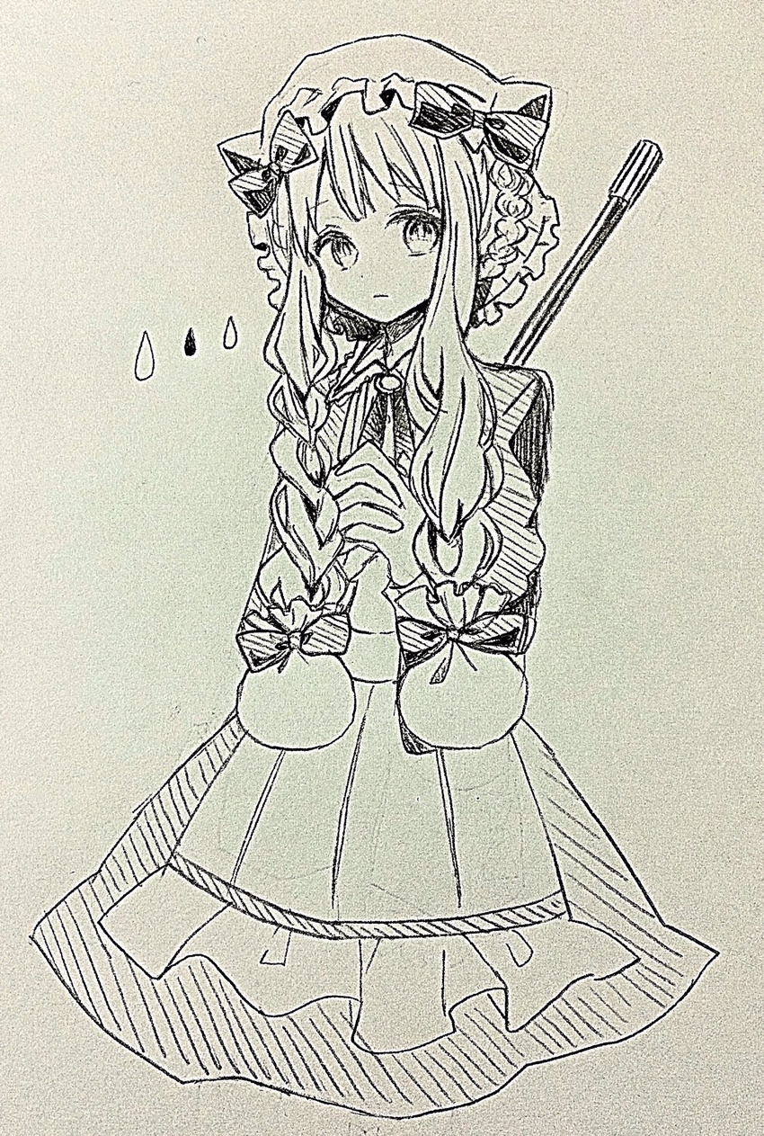 female hat highres interlocked_fingers mahou_shoujo_ikusei_keikaku mahou_shoujo_ikusei_keikaku_restart maid mob_cap monochrome nokko-chan protected_link solo traditional_media yun68591434