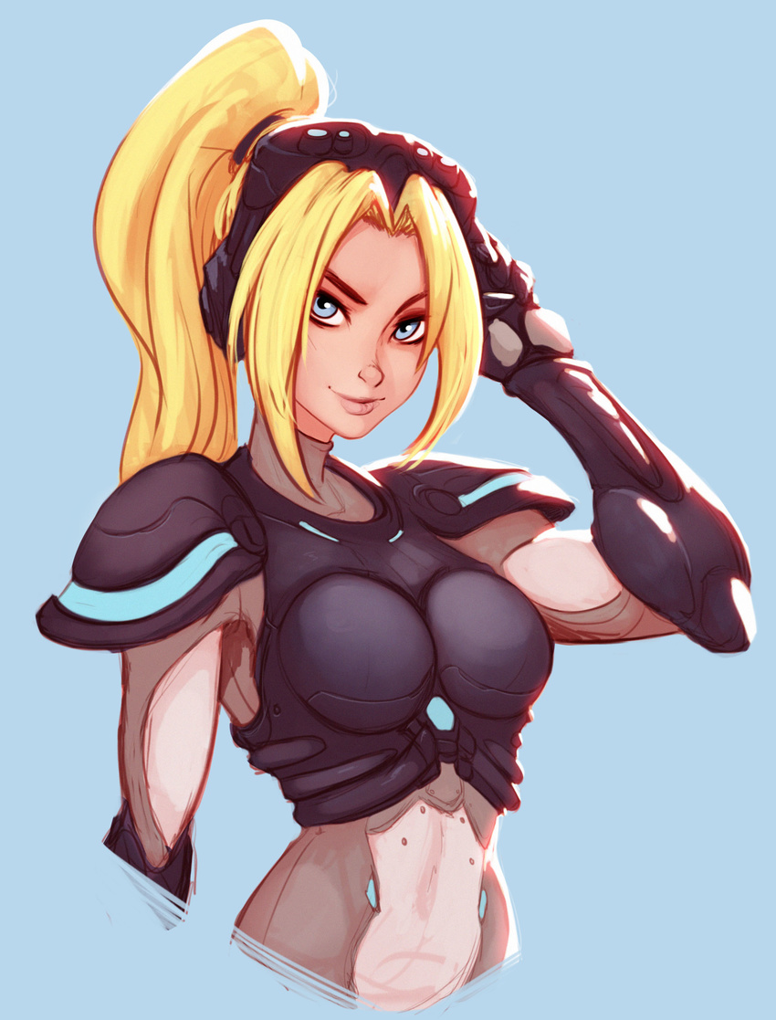 absurdres arm_up armor blonde_hair blue_background blue_eyes bodysuit boobplate breastplate breasts commentary english_commentary female hair_intakes highres lips long_hair looking_at_viewer medium_breasts mole nova_(starcraft) photoshop_(medium) ponytail raichiyo33 simple_background solo starcraft terran visor