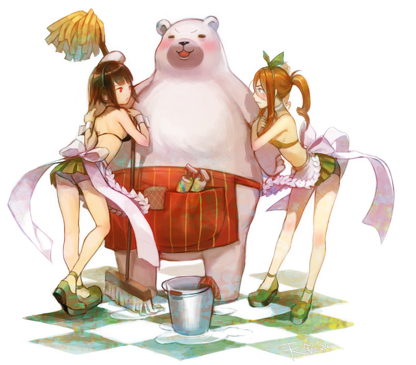 2girls apron arm_hug bad_id bad_pixiv_id bear bikini bikini_top_only black_hair blue_eyes blush bow brown_hair bucket checkered_floor ddongu hairband highres leaning_forward long_legs maid miniskirt mop multiple_girls original photoshop_(medium) platform_footwear red_eyes skirt swimsuit wrist_cuffs