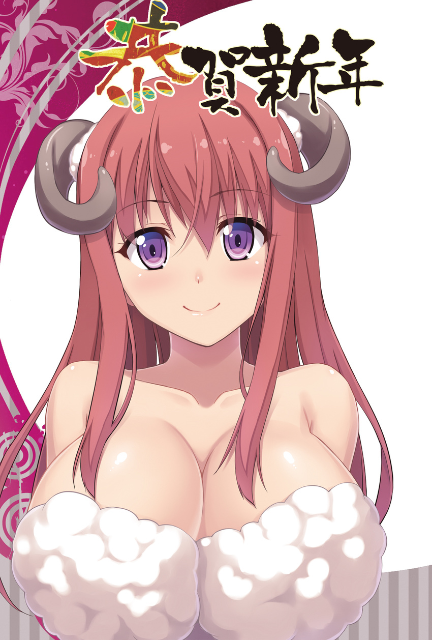 bare_shoulders blush breasts brown_hair chinese_zodiac cleavage collarbone commentary_request female fujirin fur highres horns huge_breasts long_hair looking_at_viewer new_year original photoshop_(medium) purple_eyes sheep_horns smile solo year_of_the_goat