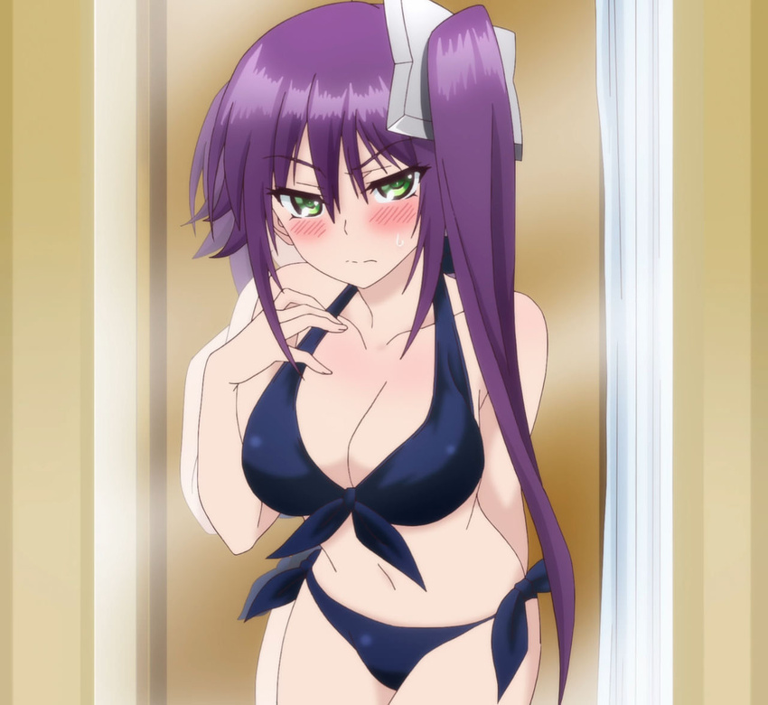 ameno_sagiri_(yuragisou_no_yuuna-san) anime_screenshot bikini breasts cleavage female green_eyes ponytail purple_hair solo stitched swimsuit third-party_edit yuragisou_no_yuuna-san