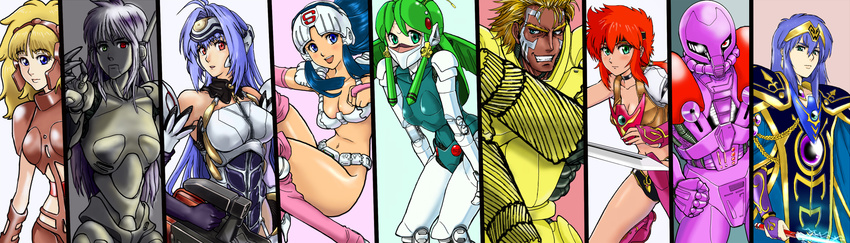 2boys 6+girls android armor battle_angel_alita black_magic_m-66 blonde_hair blue_hair caravan_kidd commentary_request cyborg gilfer green_hair hi_no_tori hi_no_tori_2772 highres jashugan kos-mos long_hair lumroid_(series) lumroid_ii m-66 maabou mecha mecha_battler_gilfer mian_toris multiple_boys multiple_girls olga_(phoenix_2772) plawres_sanshirou purple_hair red_hair robot sakurahime science_fiction shion_claris xenosaga