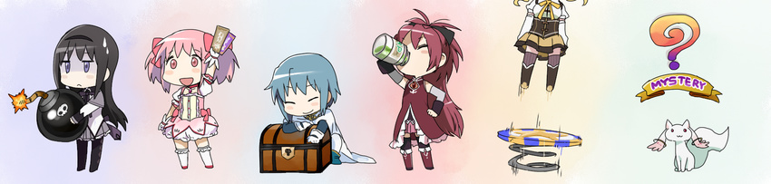 5girls akemi_homura akemi_homura_(magical_girl) argyle_clothes argyle_legwear bad_id bad_pixiv_id black_hair blonde_hair blue_hair blush_stickers bomb bottle bow cape chibi compilation drinking explosive gloves hairband hairbow highres kaname_madoka kaname_madoka_(magical_girl) kyuubee long_hair magical_girl mahou_shoujo_madoka_magica mahou_shoujo_madoka_magica_(anime) mami_mogu_mogu miki_sayaka miki_sayaka_(magical_girl) multiple_girls ofuda pantyhose pink_eyes pink_hair ponytail purple_eyes red_hair sakura_kyoko sakura_kyoko_(magical_girl) shaded_face short_hair short_twintails smile soul_gem spring_(object) thighhighs tomoe_mami tomoe_mami_(magical_girl) treasure_chest twintails wide_image yoplait zettai_ryouiki