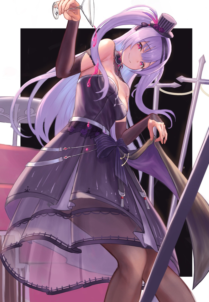 absurdres ajax_(azur_lane) ajax_(party_queen)_(azur_lane) alcohol arm_up azur_lane bad_id bad_twitter_id bare_shoulders black_bow black_dress black_footwear black_hat blush bow breasts bridal_gauntlets brown_pantyhose cannon commentary_request crossed_legs cup dress drinking_glass female floating_hair flower gore_(white_gore) hairbow hat hat_flower head_tilt high_heels highres holding holding_cup long_hair long_sleeves low_neckline mini_hat mini_top_hat official_alternate_costume pantyhose pouring purple_eyes purple_flower purple_hair purple_rose rose see-through shoes skirt_hold small_breasts smile stairs standing strapless strapless_dress striped_clothes striped_headwear table tilted_headwear top_hat tsurime two_side_up vertical-striped_clothes vertical-striped_headwear very_long_hair wine wine_glass