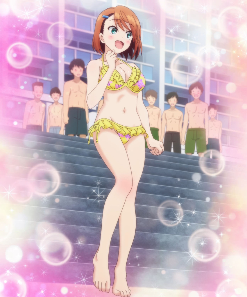 6+boys anime_screenshot bikini female green_eyes hair_ornament hairpin highres miyazaki_chisaki multiple_boys orange_hair short_hair stitched swimsuit third-party_edit yuragisou_no_yuuna-san