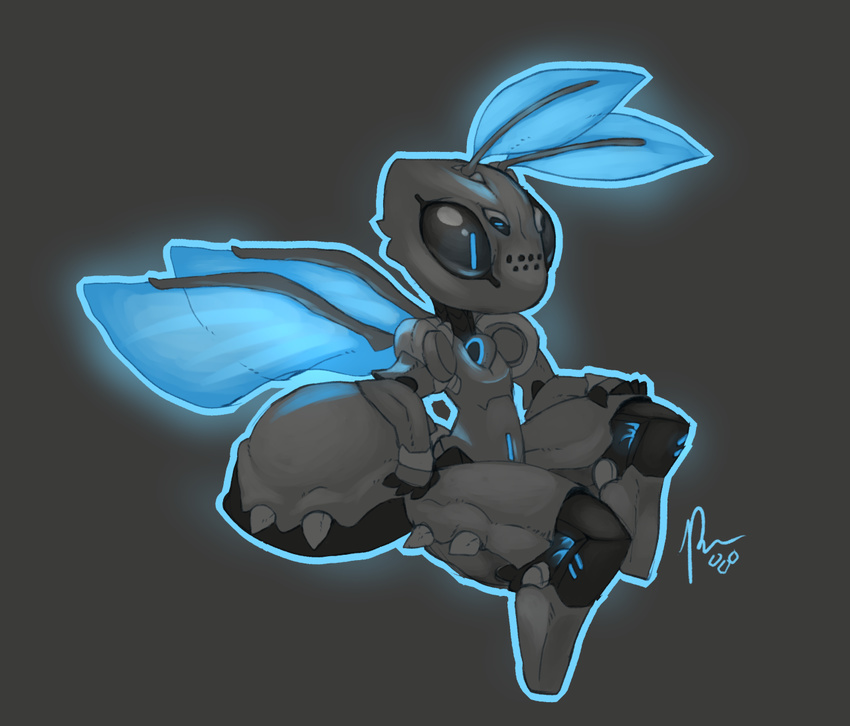 ambiguous_gender android anthro arthropod arthropod_abdomen blue_markings blue_wings glowing glowing_eyes grey_background insects lepidopteran liaua machine markings moth pixel-butts robot simple_background solo wings