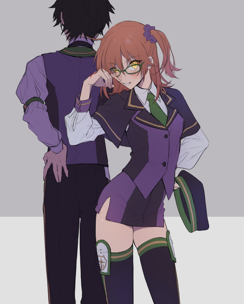 1boy ahoge alternate_costume ashita_kura atlas_academy_school_uniform bad_id bad_twitter_id black_hair blush capelet collared_shirt command_spell commentary_request fate/grand_order fate_(series) female fujimaru_ritsuka_(female) fujimaru_ritsuka_(male) green_necktie hair_ornament hair_scrunchie hat highres holding holding_clothes holding_hat long_sleeves looking_at_viewer miniskirt necktie one_side_up orange_eyes orange_hair puffy_long_sleeves puffy_sleeves purple_scrunchie purple_skirt purple_vest school_uniform scrunchie shirt short_hair side_slit skirt thighhighs thighs two-tone_background unworn_hat unworn_headwear vest white_shirt