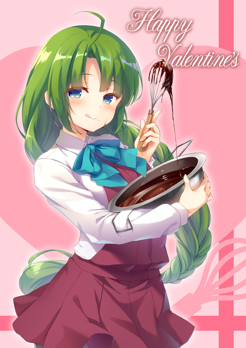 :q absurdres blue_eyes braid chocolate commentary_request dress female green_hair happy_valentine highres kantai_collection licking_lips long_hair long_sleeves mafuyun mixing_bowl mole mole_under_mouth photoshop_(medium) purple_dress shirt single_braid sleeveless sleeveless_dress solo tongue tongue_out valentine whisk white_shirt yuugumo_(kancolle)