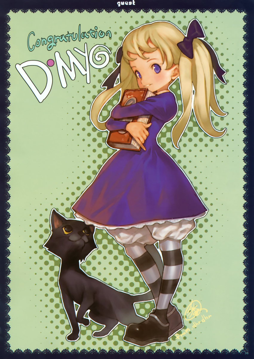 absurdres alice_(odin_sphere) animal blonde_hair bloomers blue_eyes book dress feline female gaejab-i hair_ribbon highres odin_sphere pantyhose ribbon socrates_(odin_sphere) striped_clothes striped_pantyhose thighhighs twintails underwear