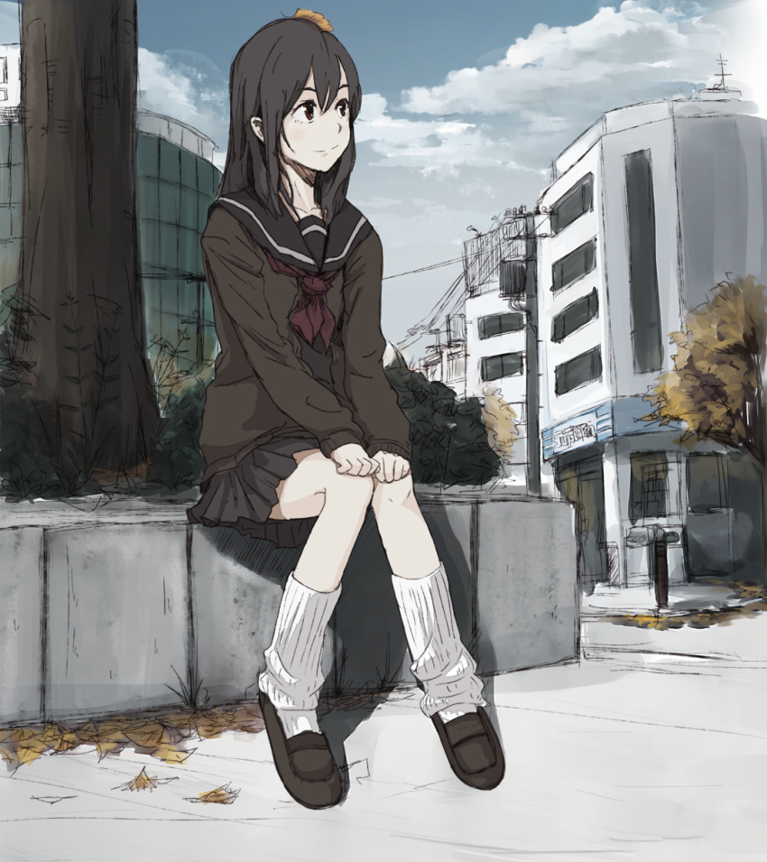 autumn black_hair brown_eyes city commentary_request female hands_on_own_knees highres knees_together_feet_apart leaf leaf_on_head long_hair loose_socks original outdoors partial_commentary school_uniform serafuku sitting sketch skirt smile socks solo tree under_tree white_socks yammy_(cellblo)