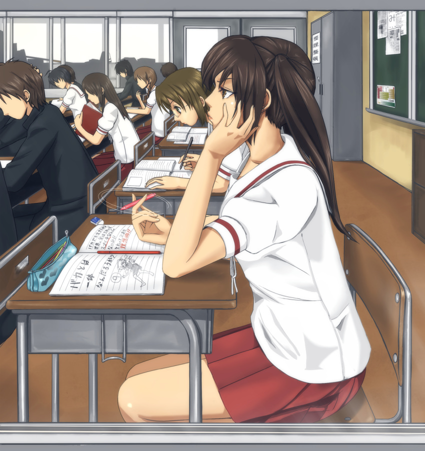 4boys 5girls brown_hair cameo chair circled_9 cirno classroom commentary_request day desk from_outside from_side highres indoors keiko_(minami-ke) long_hair mechanical_pencil minami-ke minami_kana multiple_boys multiple_girls on_chair pen_spinning pencil profile school_desk school_uniform sitting skirt taono_kinoko touhou translated twintails