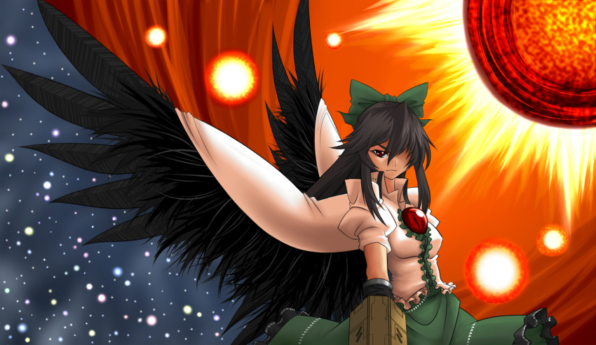 bad_id bad_pixiv_id black_hair bow female green_bow hairbow long_hair red_eyes reiuji_utsuho rurie_(lourie) solo touhou wings