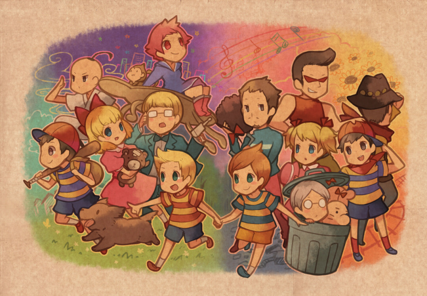 3girls 6+boys ana_(mother) backpack bag baseball_bat blonde_hair blue_eyes boney brothers brown_eyes brown_hair canine claus_(mother_3) commentary_request doseisan duster_(mother) everyone flint_(mother_3) glasses hanokage hat holding_hands jeff_andonuts kumatora lloyd_(mother) lucas_(mother_3) mother_(game) mother_1 mother_2 mother_3 multiple_boys multiple_girls ness_(mother_2) ninten paula_(mother_2) pink_eyes pink_hair poo_(mother_2) quiff salsa_(mother) shirt short_hair short_twintails siblings striped_clothes striped_shirt teddy_(mother) trash_can twintails