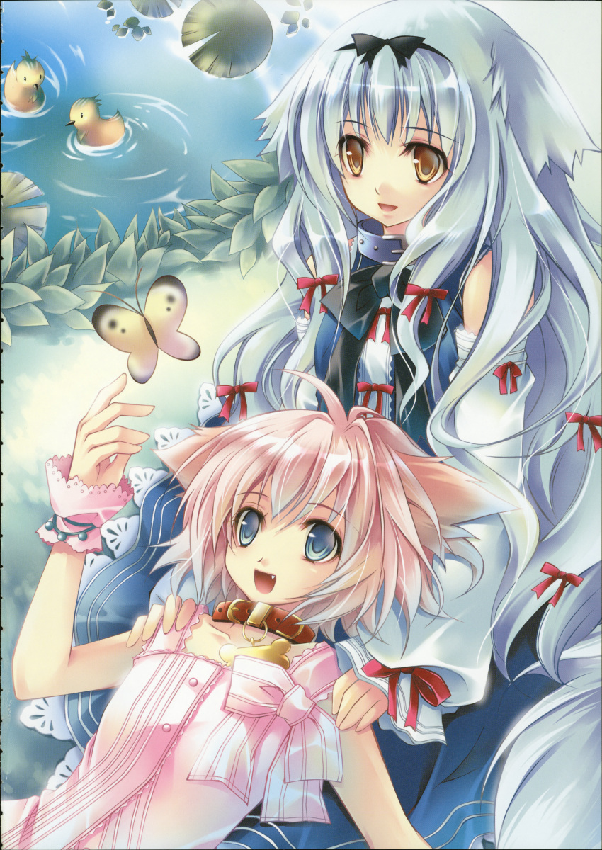 2girls absurdres animal_ears bird blue_eyes bow bug butterfly collar detached_sleeves dog_ears duck hair_ribbon hairband hairbow highres lap_pillow lily_(wanko) lily_pad lolicon long_hair lying multiple_girls multiple_hair_bows oerba_yun_fang on_back original outdoors pink_hair ribbon scan short_hair sitting smile ta_kaana very_long_hair wanko wanko_to_lily water white_hair wrist_cuffs yellow_eyes