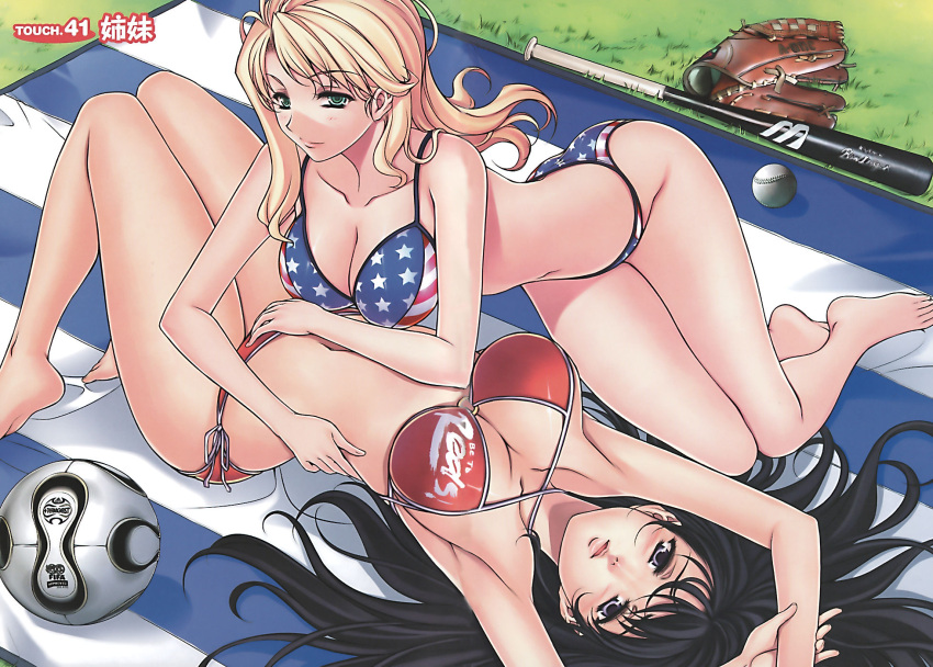 2006_fifa_world_cup 2girls american_flag american_flag_bikini american_flag_print armpits arms_up ball barefoot baseball baseball_(object) baseball_bat bikini black_hair blanket blonde_hair breasts caroline cleavage clothes_writing flag_print grass green_eyes hae-young_na hanging_breasts highres large_breasts long_hair lying multiple_girls o-ring o-ring_bottom on_back parted_lips print_bikini purple_eyes side-tie_bikini_bottom soccer soccer_ball soo-hyon_lee swimsuit teamgeist unbalance_unbalance world_cup