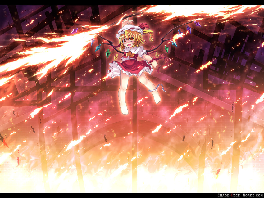 barefoot blonde_hair commentary_request etogami_kazuya female fire flandre_scarlet hat highres letterboxed one_side_up ponytail red_eyes short_hair solo touhou wings