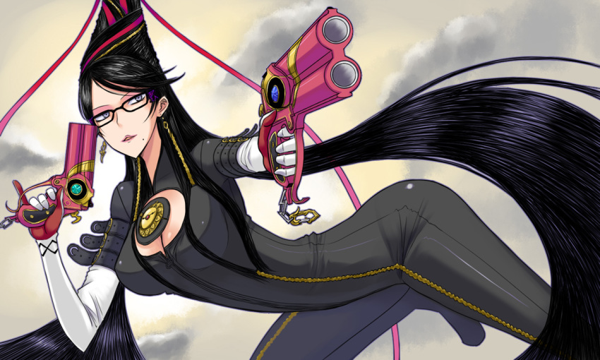 bayonetta bayonetta_(series) bayonetta_1 black_hair bodysuit cleavage_cutout clothing_cutout commentary_request dual_wielding earrings eyeshadow female glasses gun holding jewelry kurakumo_nue long_hair makeup mole mole_under_mouth solo very_long_hair weapon