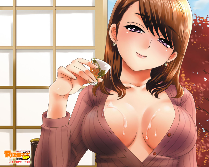 action_pizazz alcohol breasts brown_hair cleavage cup earrings female jewelry large_breasts mature_female no_bra official_art official_wallpaper pon_takahanada sake solo