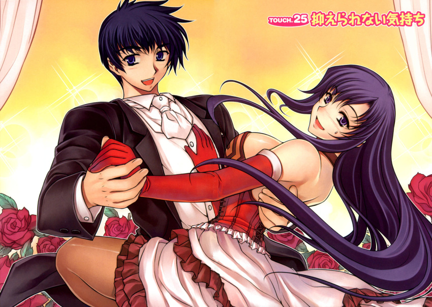 1boy blue_eyes blue_hair breasts couple dress elbow_gloves female flower formal gloves hae-young_na highres holding_hands hug jin-ho_myung large_breasts leg_lift long_hair pantyhose purple_eyes purple_hair rose sideboob soo-hyon_lee straight suit unbalance_unbalance