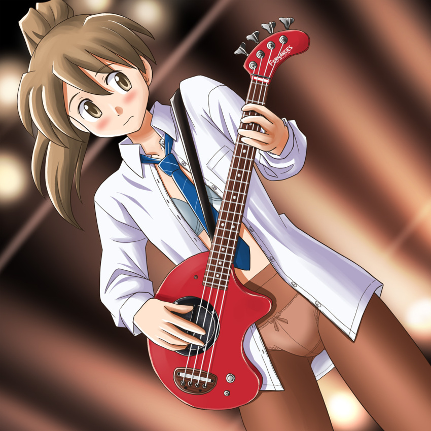 bra brown_hair commentary_request crotch_seam female guitar high-waist_pantyhose highres instrument lielos lingerie no_pants open_clothes open_shirt original panties panties_under_pantyhose pantyhose poniko_(lielos) ponytail school_uniform shirt solo underwear