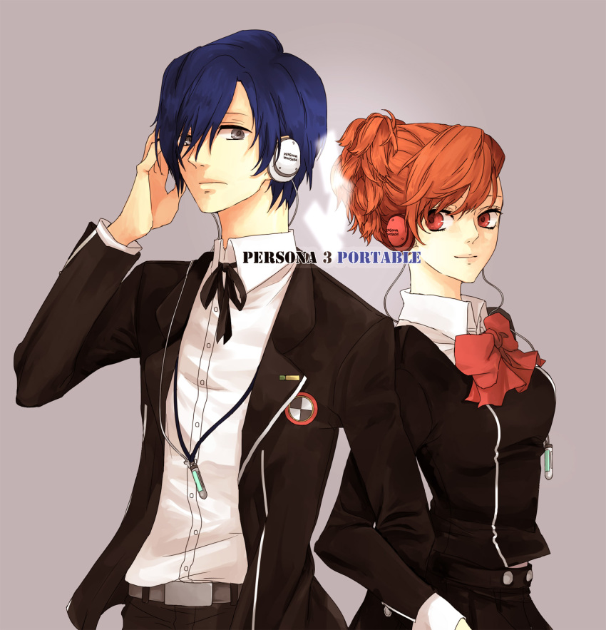 1boy akieru_nomaki blue_eyes blue_hair bow brown_hair commentary_request female gekkoukan_high_school_uniform headphones highres persona persona_3 persona_3_portable photoshop_(medium) red_eyes school_uniform shiomi_kotone short_hair smile yuuki_makoto_(persona_3)