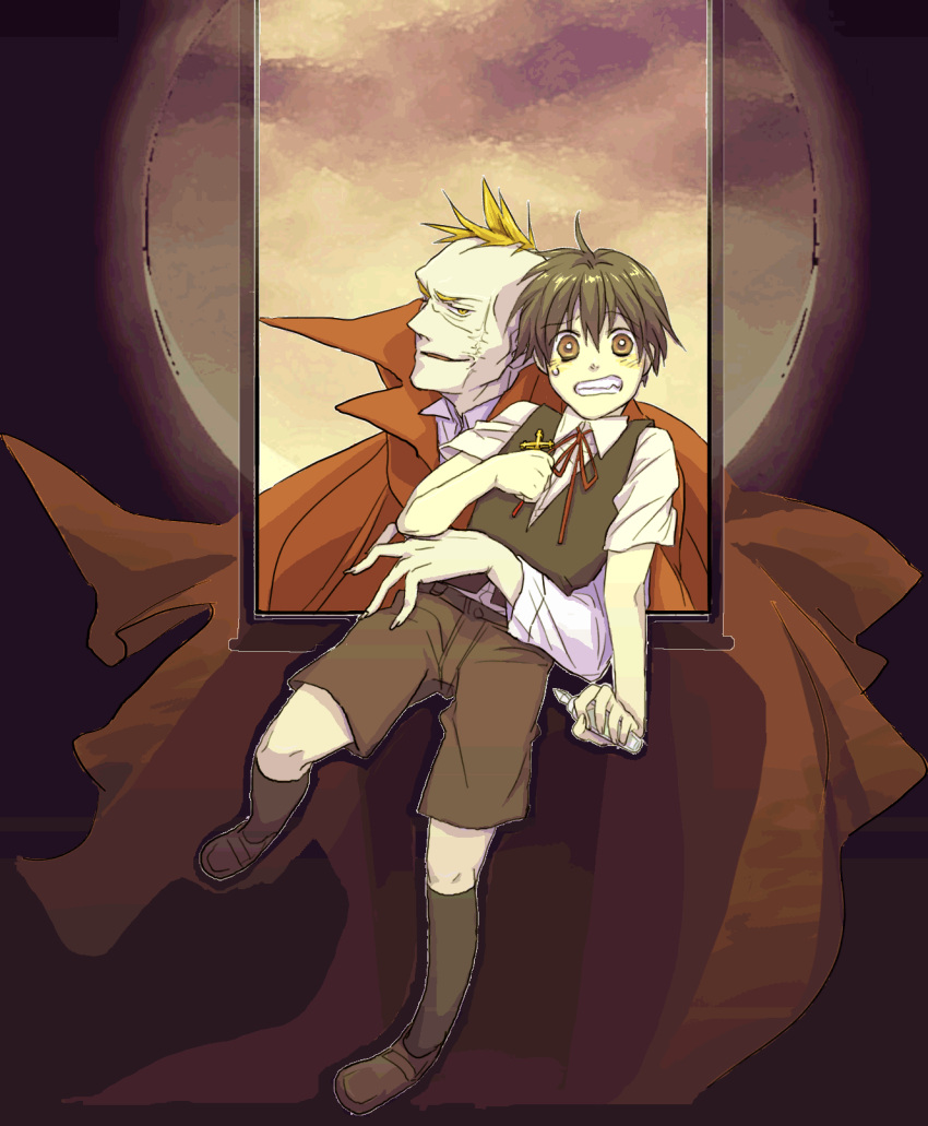 2boys black_hair bow brown_eyes cape cross darren_shan full_moon highres hug hug_from_behind hys122211 larten_crepsley moon multiple_boys necktie orange_eyes red_hair short_hair smile the_saga_of_darren_shan vampire window