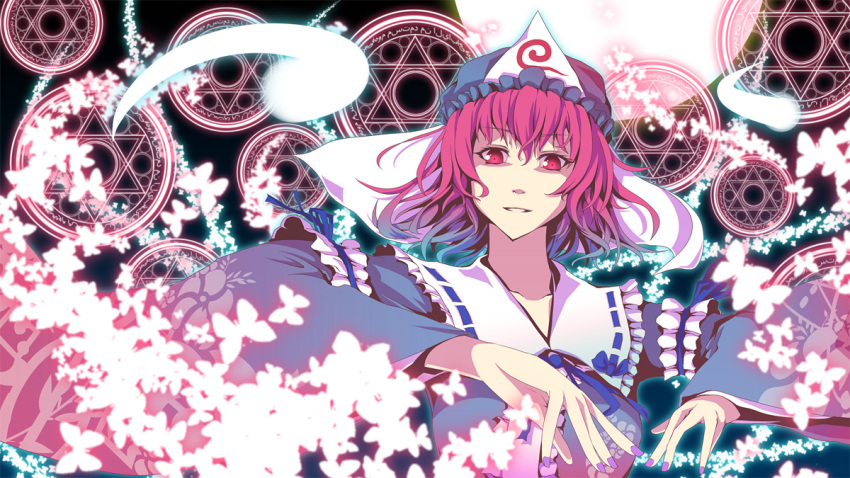 bug butterfly commentary_request female hand_fan hat japanese_clothes kimono koumei_(harmonizer) photoshop_(medium) pink_hair red_eyes saigyouji_yuyuko short_hair solo touhou