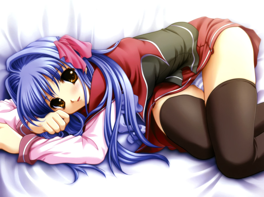 :d absurdres bed_sheet black_thighhighs blue_hair blue_panties blush brown_eyes clenched_hand female floralia girls_museum hair_intakes hair_ribbon highres indoors legs_together long_hair long_sleeves looking_at_viewer lying masaharu official_art on_bed on_side open_mouth panties pantyshot parted_lips photoshop_(medium) pink_ribbon ribbon scan school_uniform shirase_ui sleeve_cuffs smile solo striped_clothes striped_panties thighhighs underwear white_panties