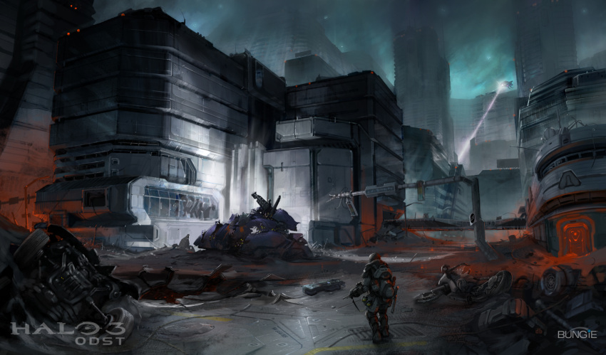 1boy b455 battle battle_rifle blood city corpse gun halo_(series) halo_3:_odst highres military military_vehicle motor_vehicle motorcycle night odst official_art rifle rubble soldier spartan_laser tank the_rookie warthog_(halo) watermark weapon wraith_(halo)